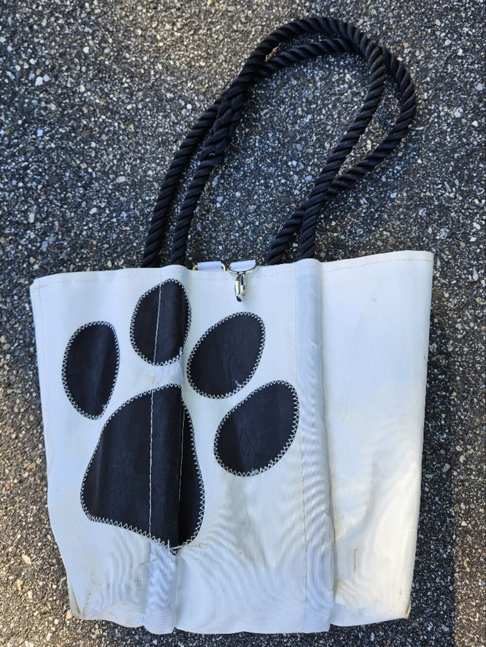 Sea Bags White Tote Bag with Black Rope Handles and Black Paw Print Detail